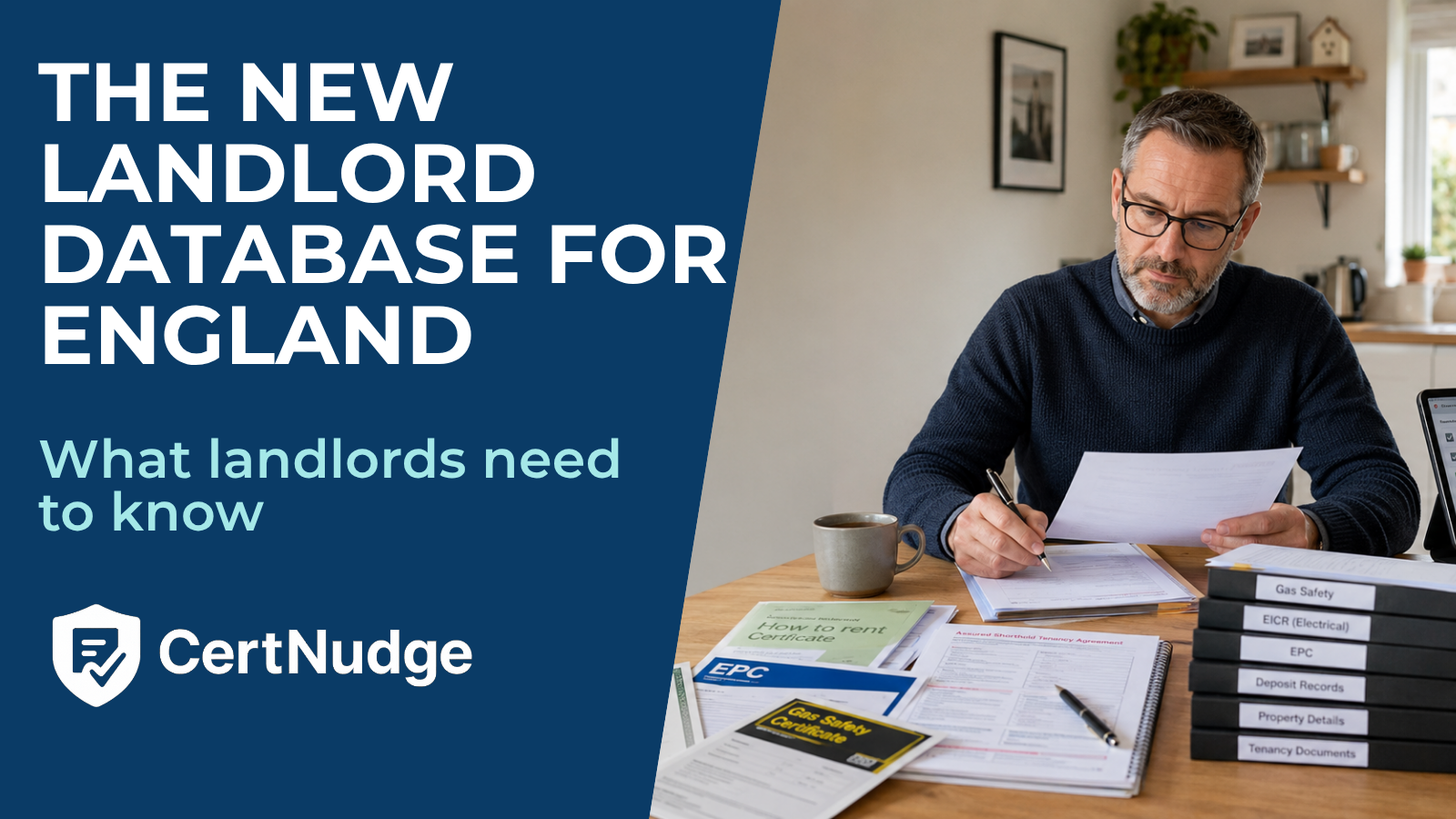 Landlord organising records at a home-office desk in England for new PRS landlord database