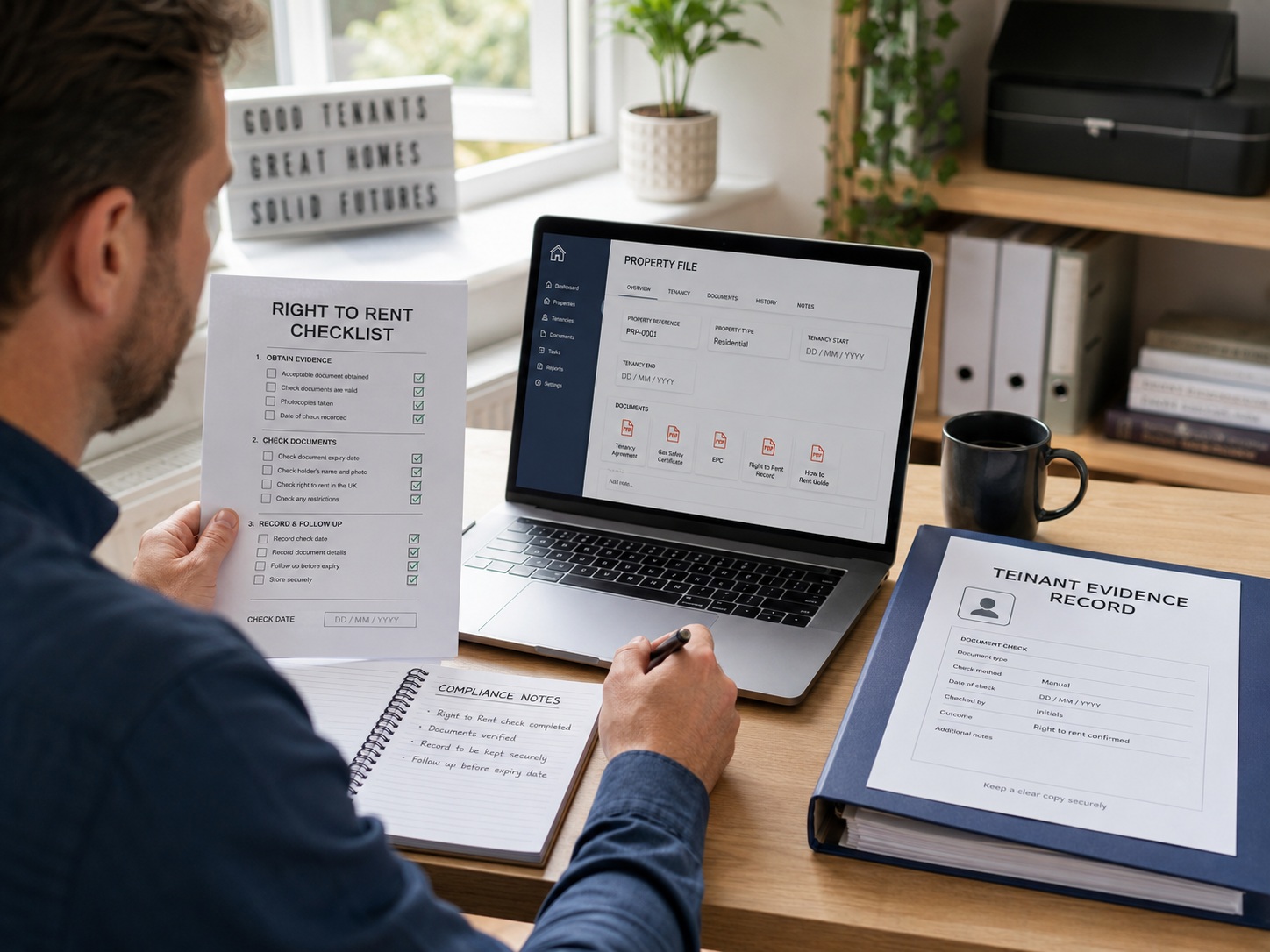 UK landlord reviewing a Right to Rent check landlord checklist and tenant evidence record