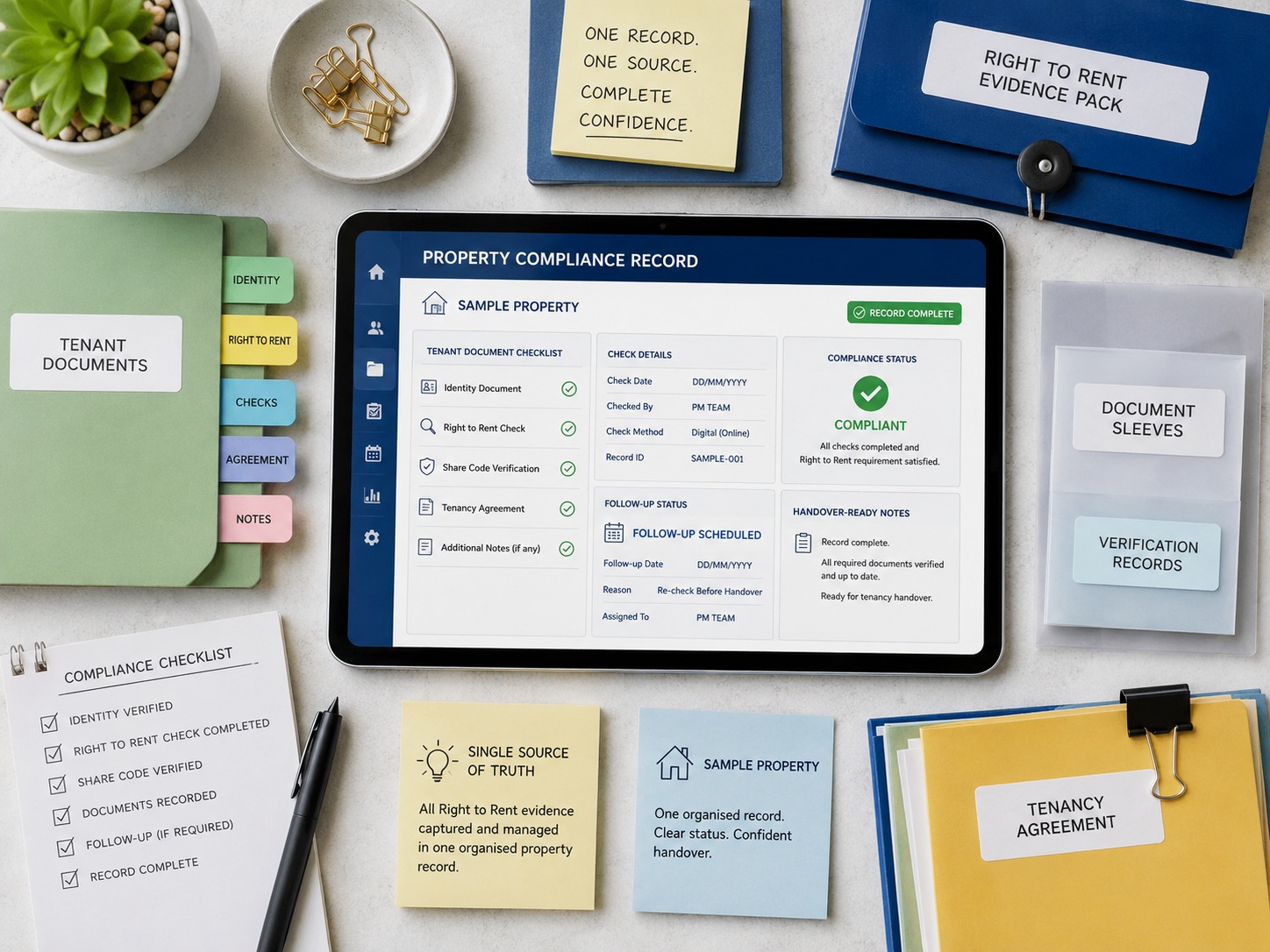 Organised Right to Rent evidence dashboard with check dates and follow-up reminders for landlords