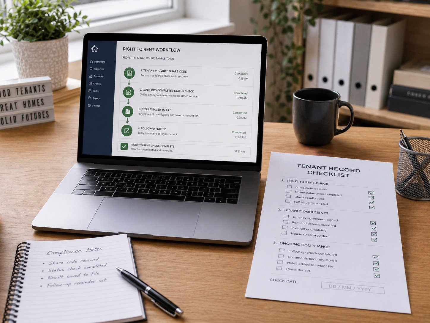 Mock Right to Rent share code workflow and tenant record checklist for landlords