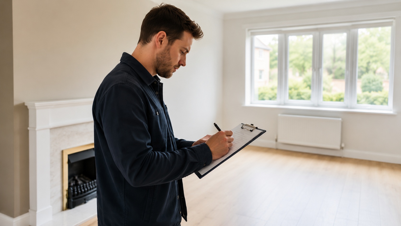Landlord reviewing a tenancy check-out report in a rental property