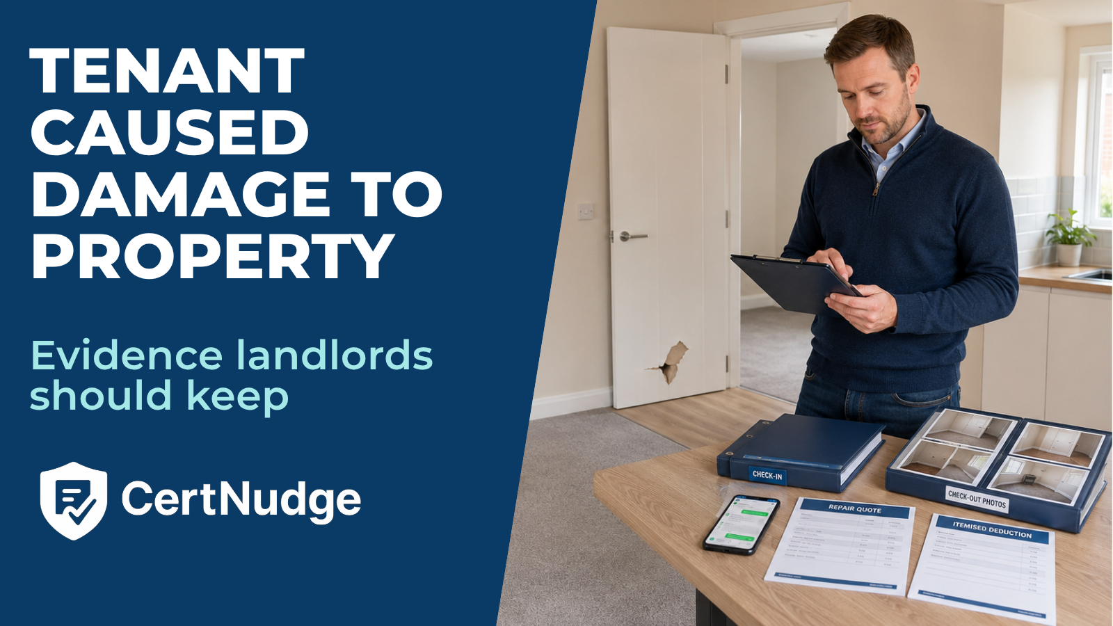 Landlord reviewing check-in records and photographs after finding property damage