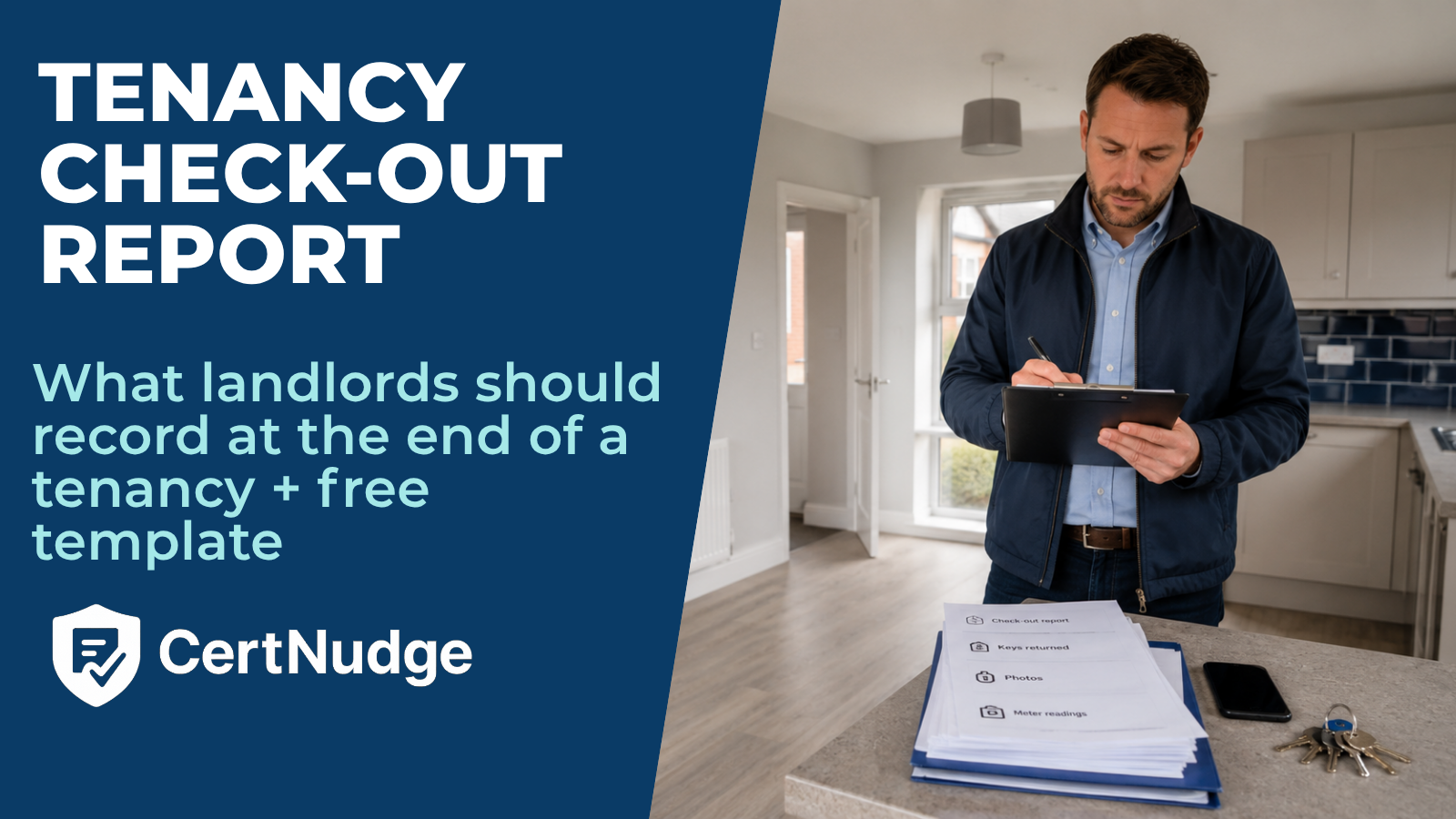 Landlord completing a tenancy check-out report in an empty rental property