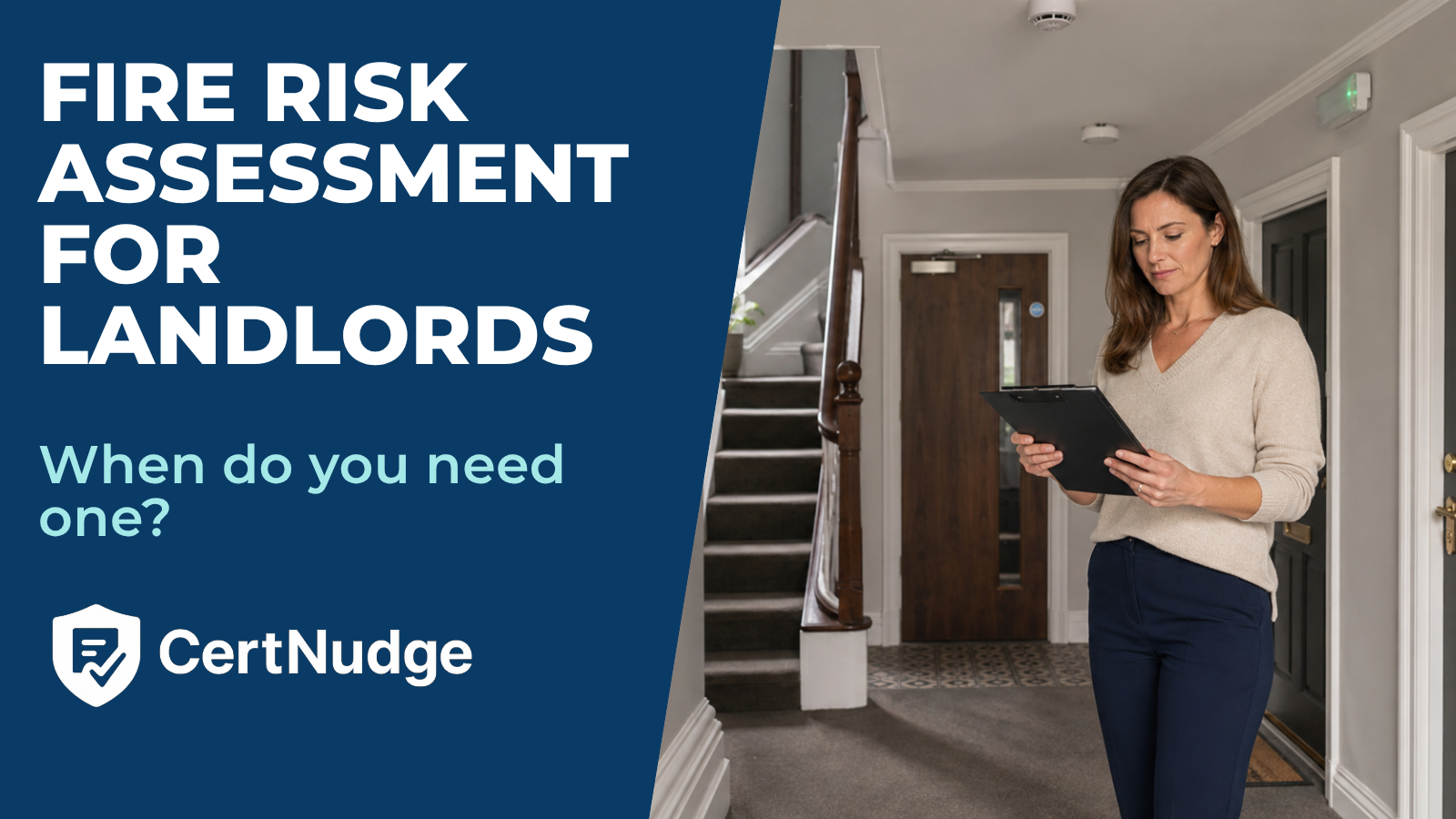 Landlord reviewing fire risk assessment records in the communal hallway of a small block of flats