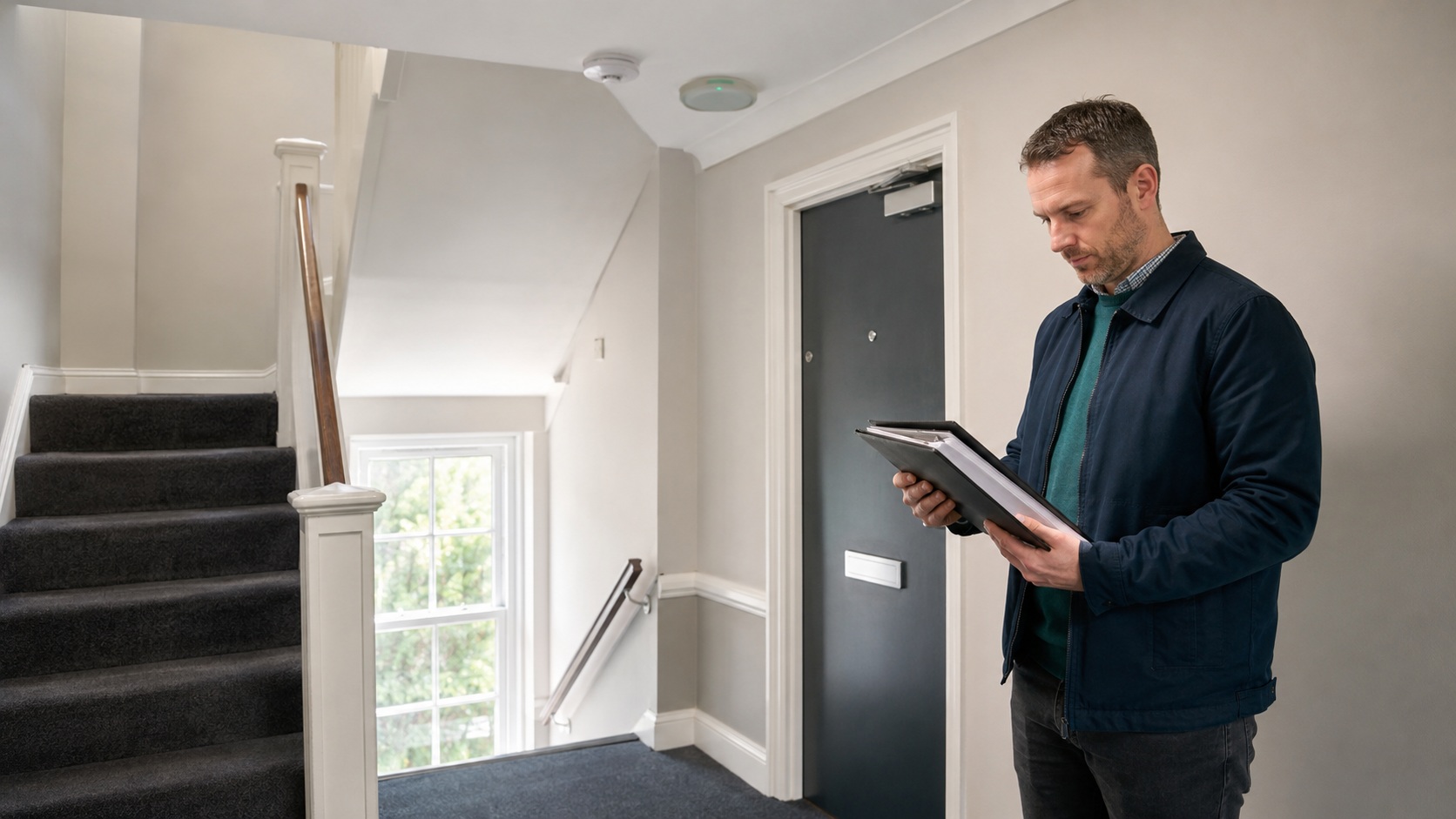 Landlord reviewing fire risk assessment records in a communal hallway