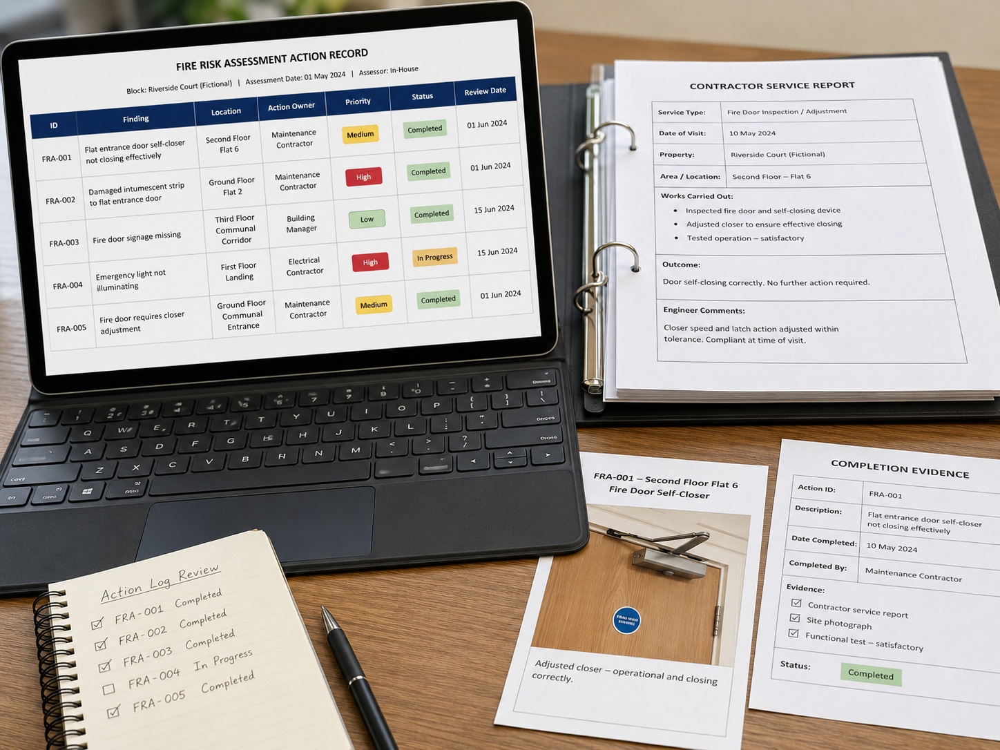 Fire risk assessment action record with contractor report, completion evidence and fire door photograph