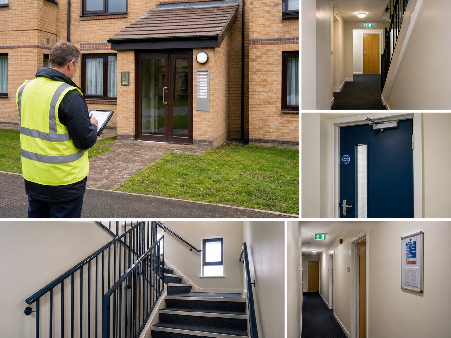 Fire risk assessor reviewing a block of flats with communal hallways, staircase and fire doors