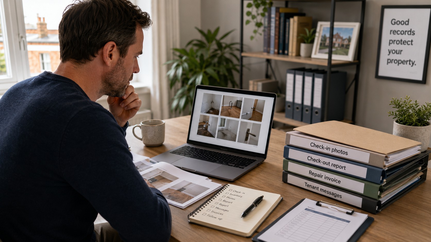 Landlord reviewing tenant damage evidence and property records on laptop