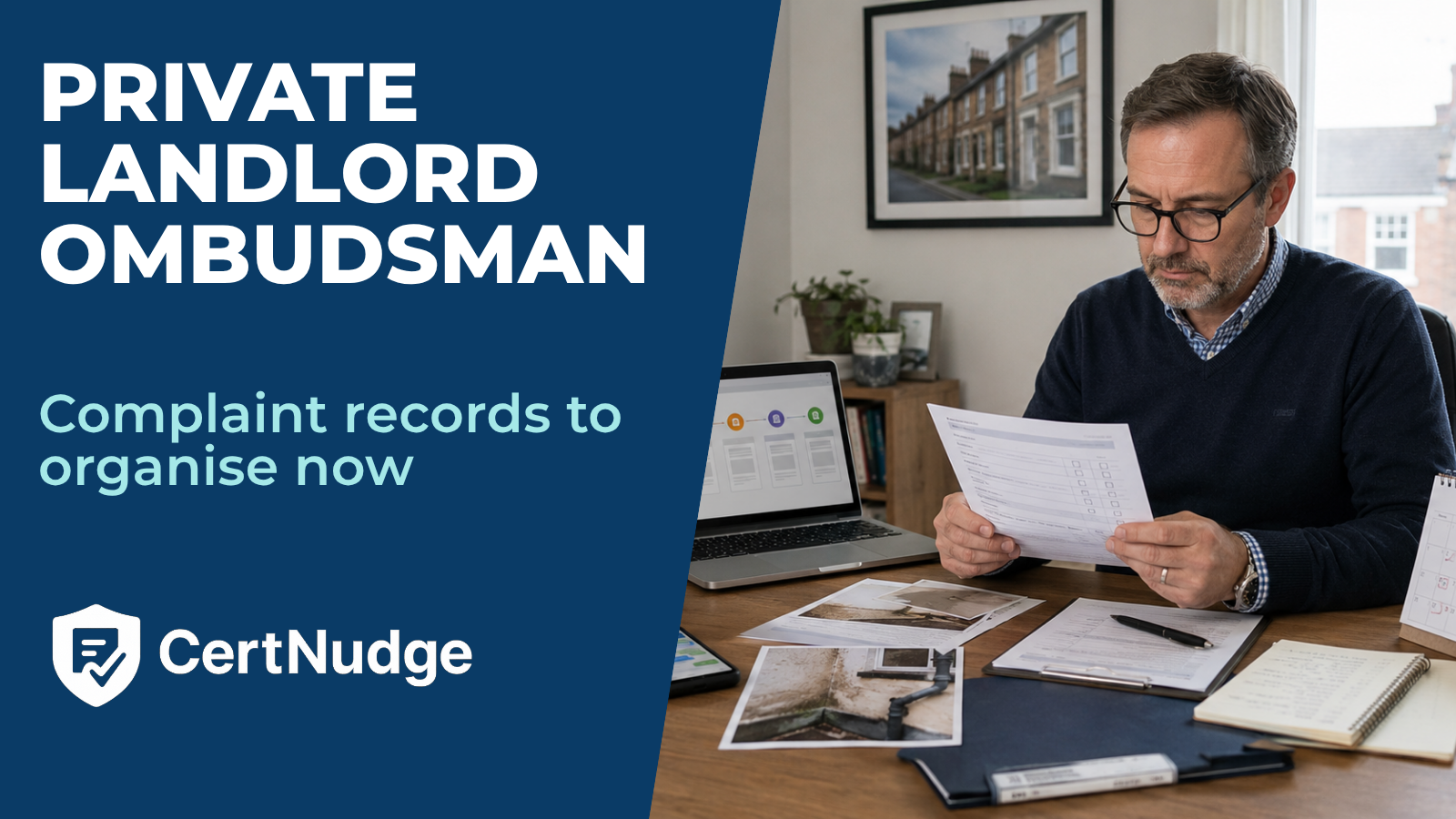 Private landlord reviewing tenant complaint records, contractor notes and repair evidence