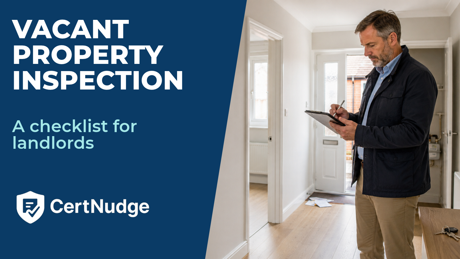 Landlord carrying out a documented vacant property inspection in an empty UK rental home
