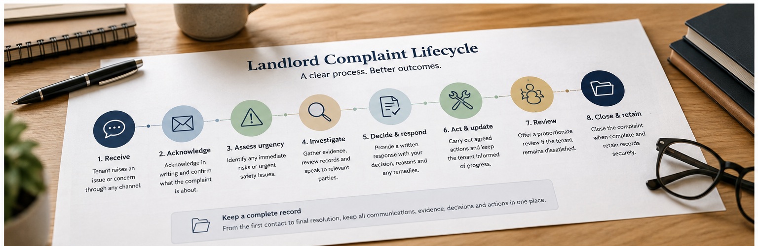 Printed landlord complaint lifecycle showing eight stages from receipt to closure