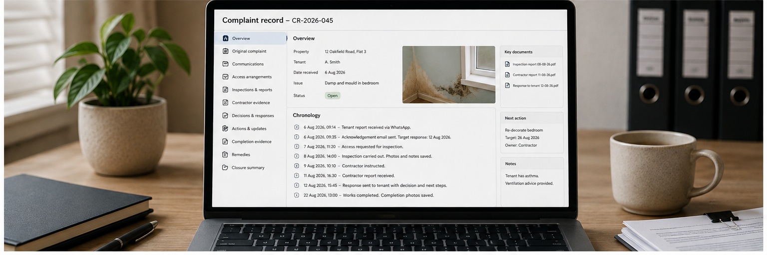 Digital landlord complaint record showing a clear chronology of evidence, actions and completion dates