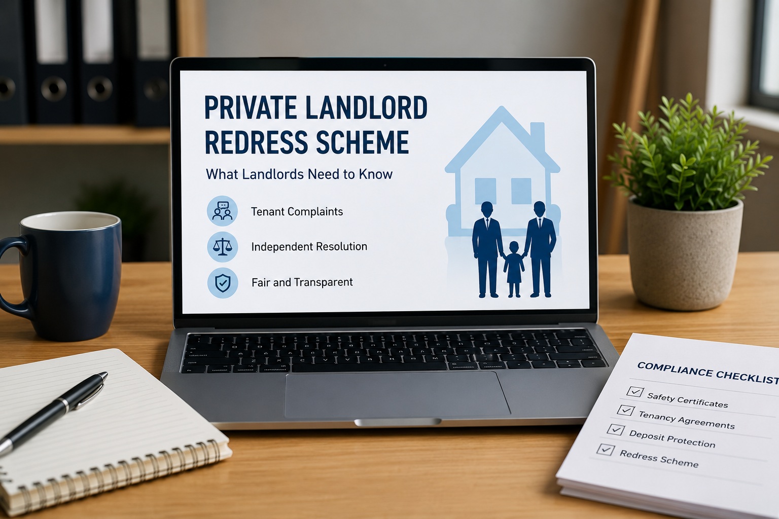 UK landlord reviewing tenant complaint records and contractor notes at home office