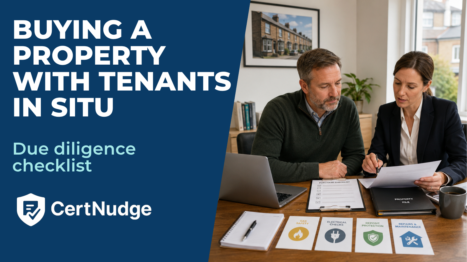 Landlords discussing buying property with tenants in situ and paperwork review