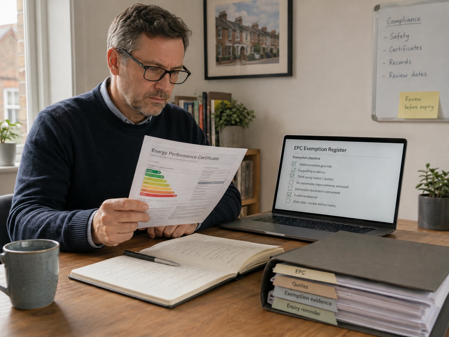UK landlord reviewing EPC report and exemption evidence at a desk