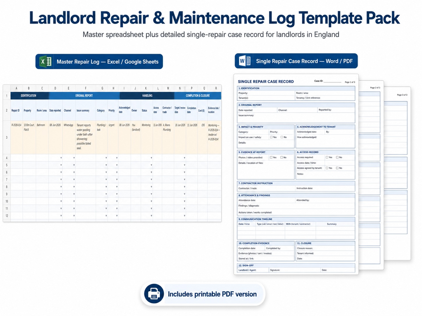Landlord repair log spreadsheet and single repair case record templates