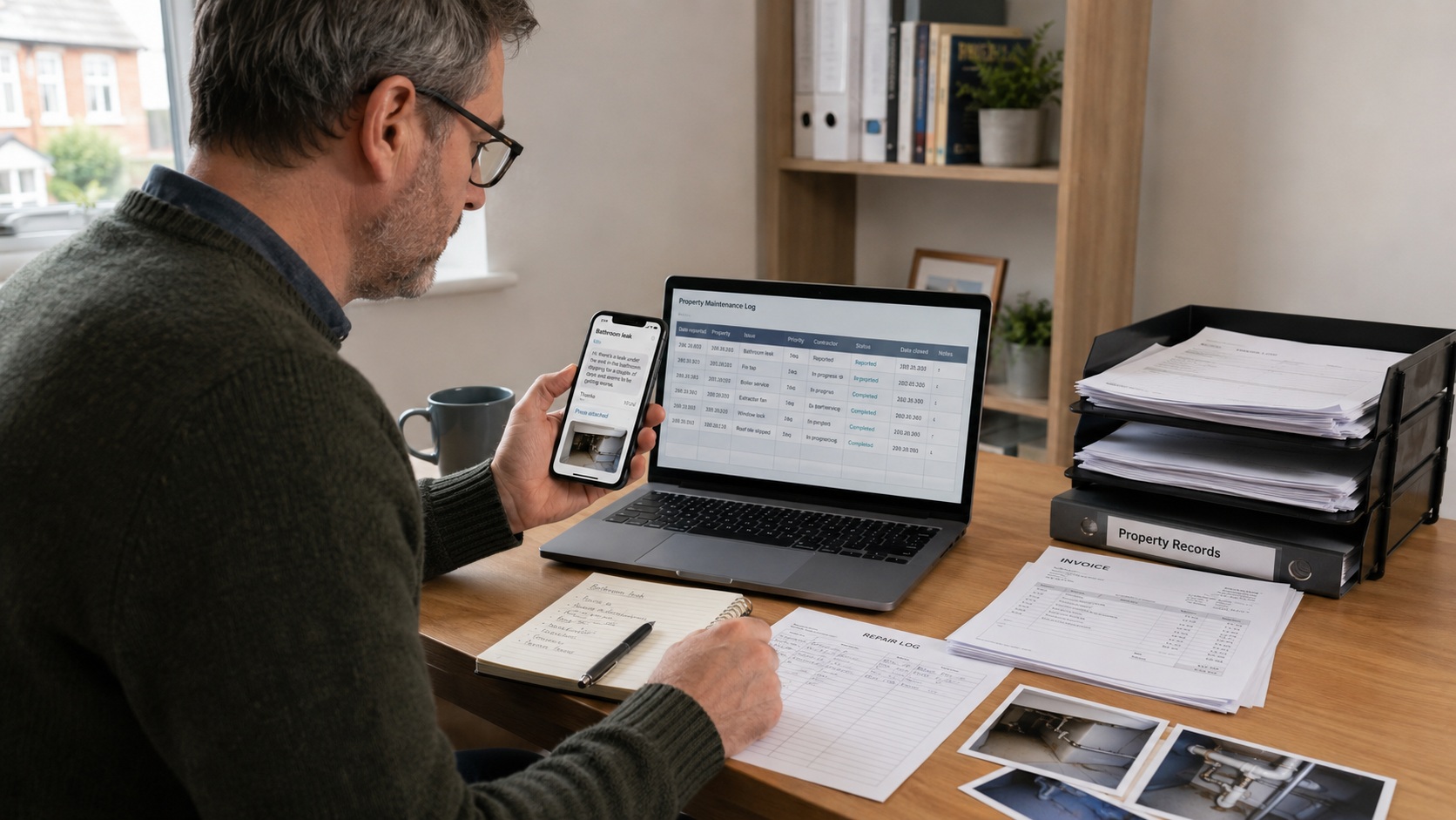 Landlord reviewing tenant repair message and rental property maintenance log