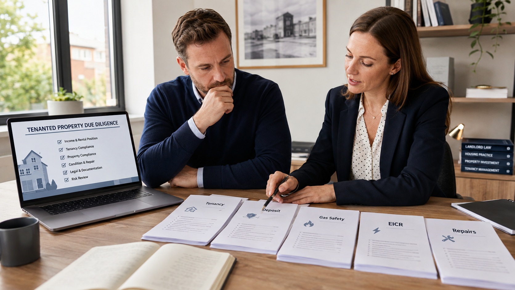 Landlord and conveyancer reviewing a tenanted property due diligence pack
