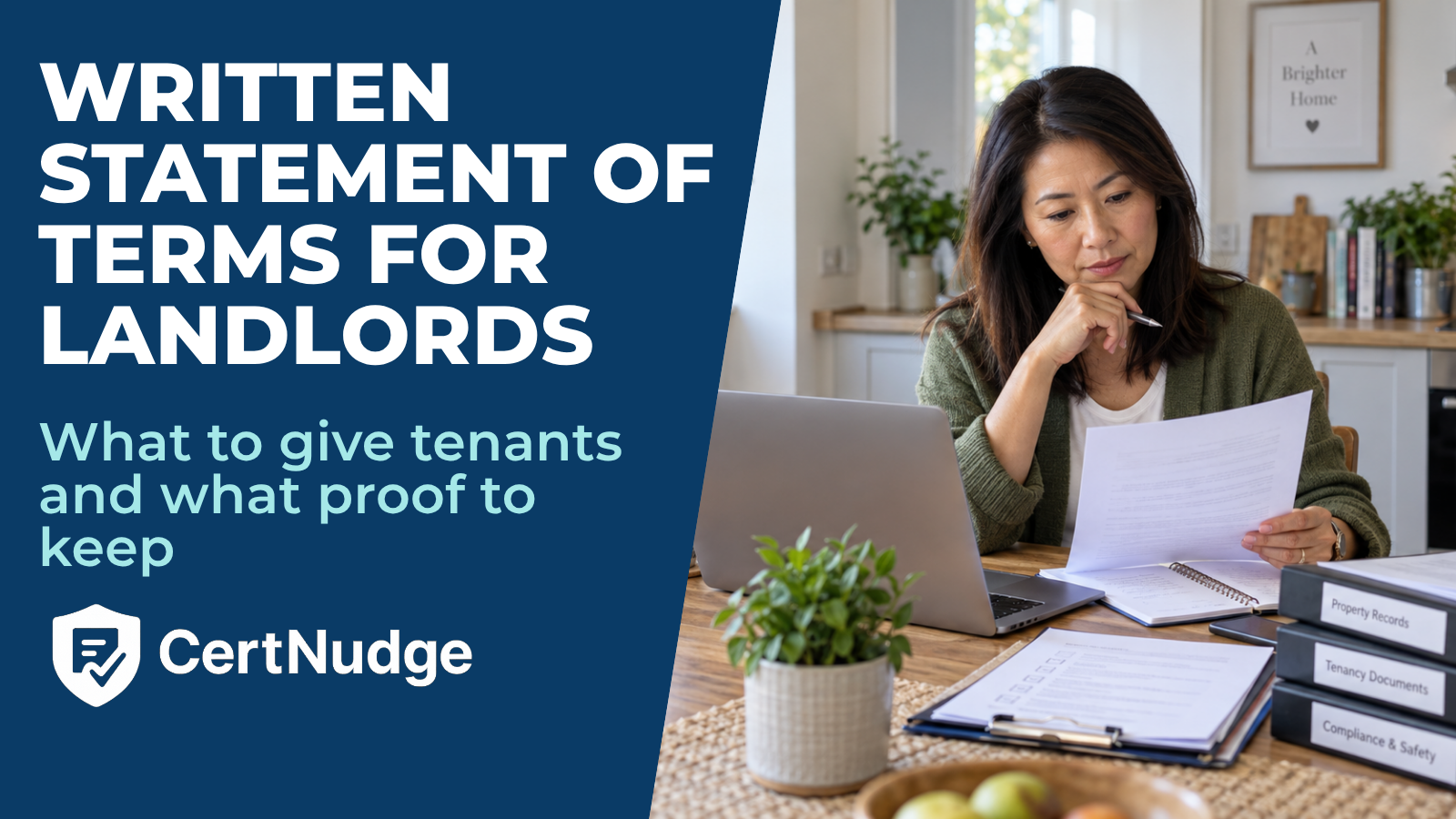 Landlord reviewing tenancy agreement and compliance records at home