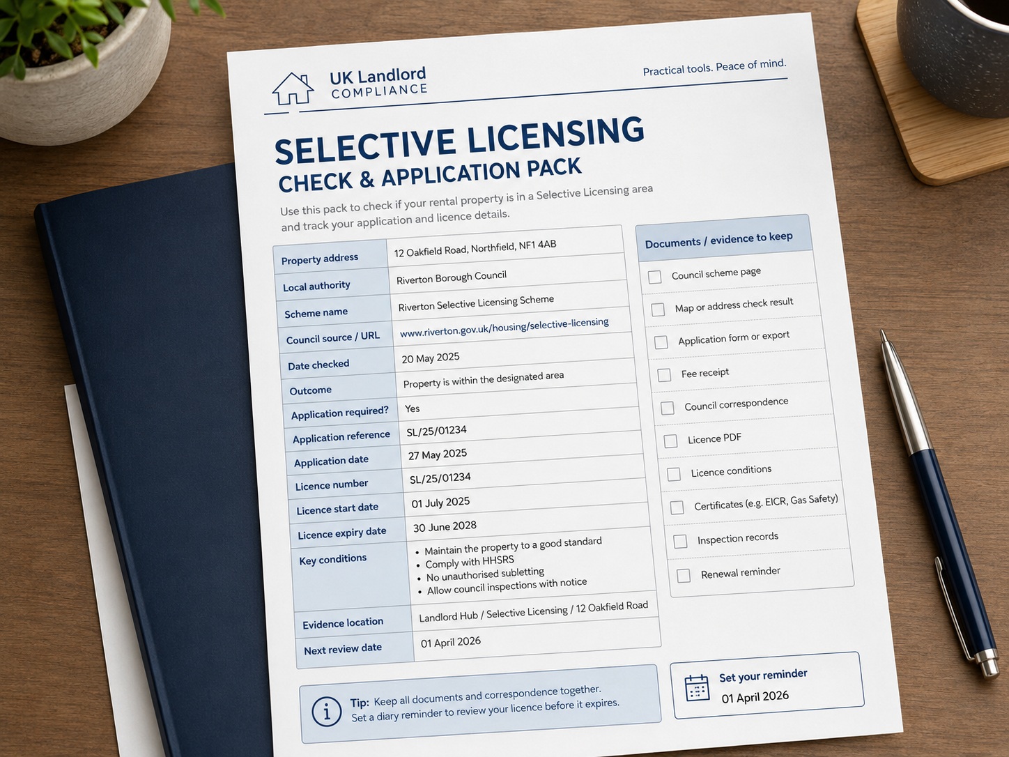Selective licensing check and application pack for recording property licence evidence