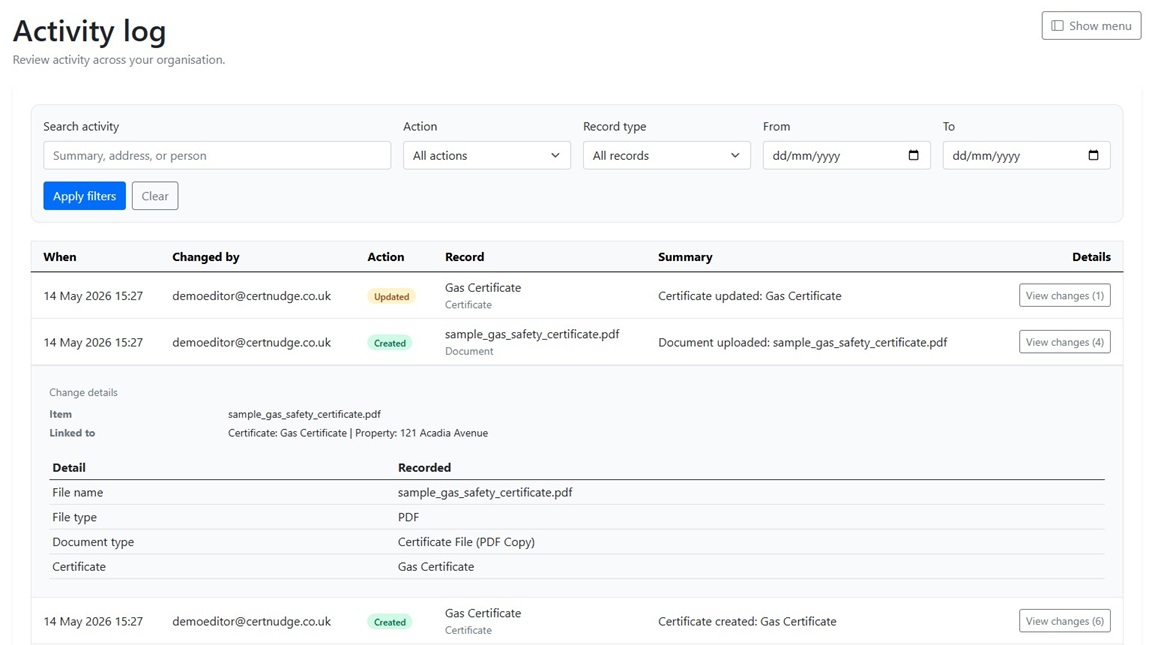 Image showing the Activity Log screen in CertNudge