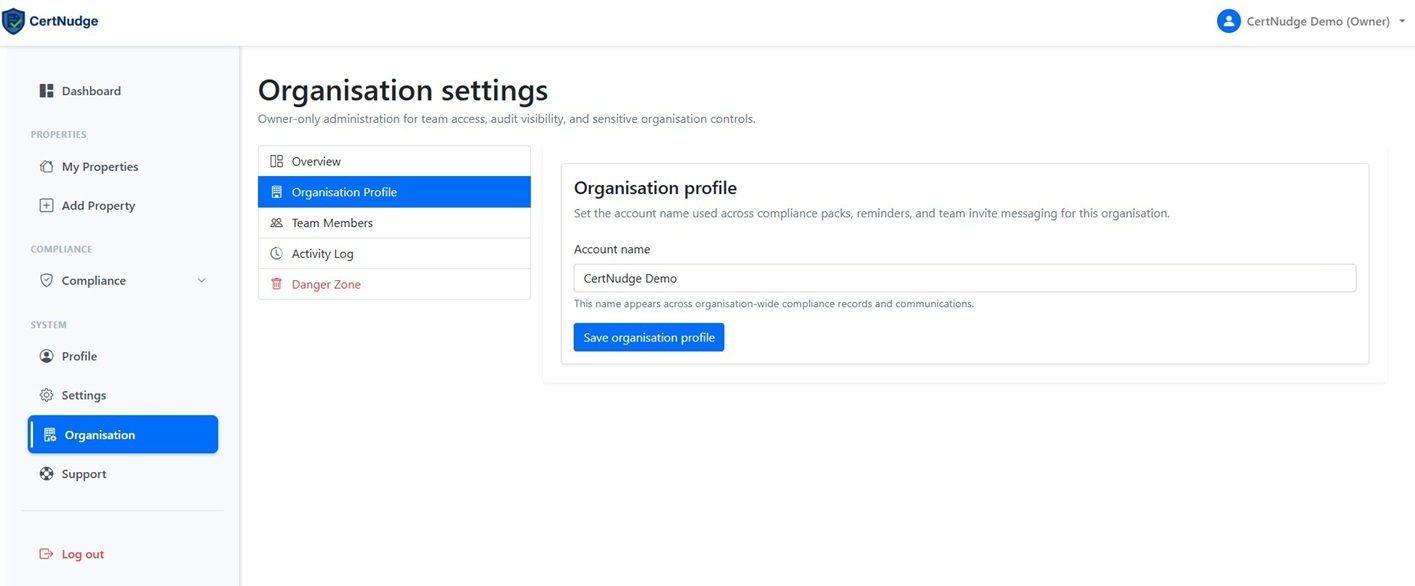 Image showing the Organisation Settings screen in CertNudge