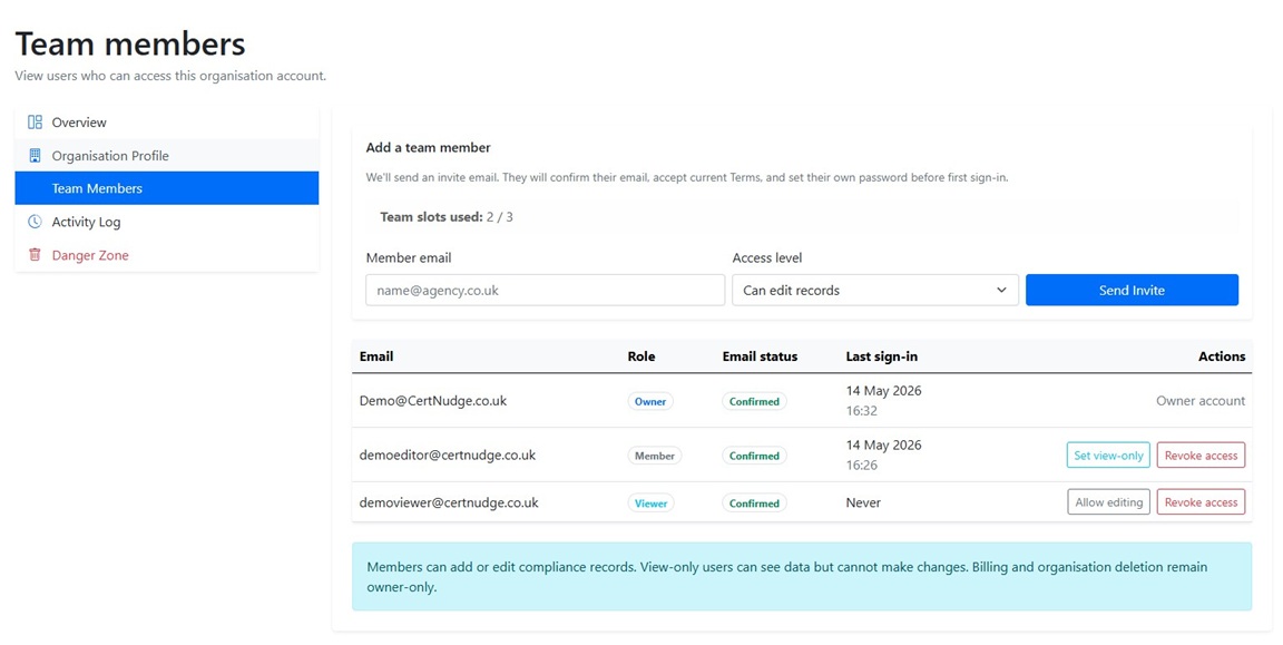Image showing the Team Members screen in CertNudge